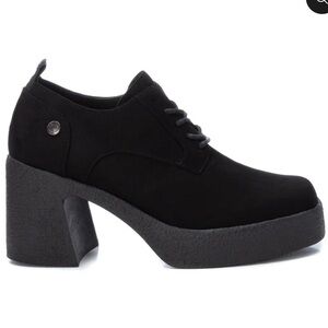 XTI Women’s Black Vegan Suede Chunky Heel Platform Lace up Oxfords Size 39 NWT